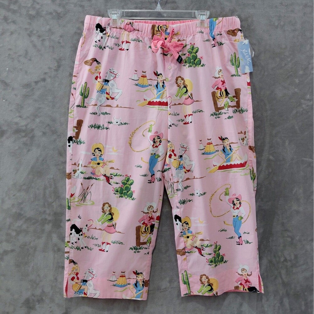 NEW Nick & Nora Retro Cowgirl Capri Pants Women's XL Pink Western Cotton Lounge
